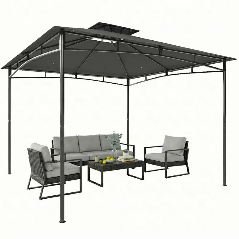 3x3m Garden Gazebo with Double Roof, Water-Resistant UPF50+ Canopy, Powder-Coated Metal Frame, Ground Stakes, Dark Grey