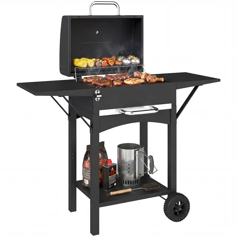 Charcoal Grill with Lid — BBQ Smoker Cart with 2 Side Tables, Large Cooking Area, Thermometer & Wheels, 43.3 x 18.3 x 39.8 in (Black)
