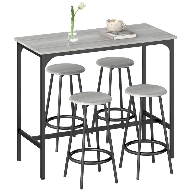 HOMCOM Bartisch mit Barhocker Set, 5-teiliges Bartisch Set, Küchentisch mit 4 Barhockern, Essgruppe im Industriellen Design, für Küche, Esszimmer, Met