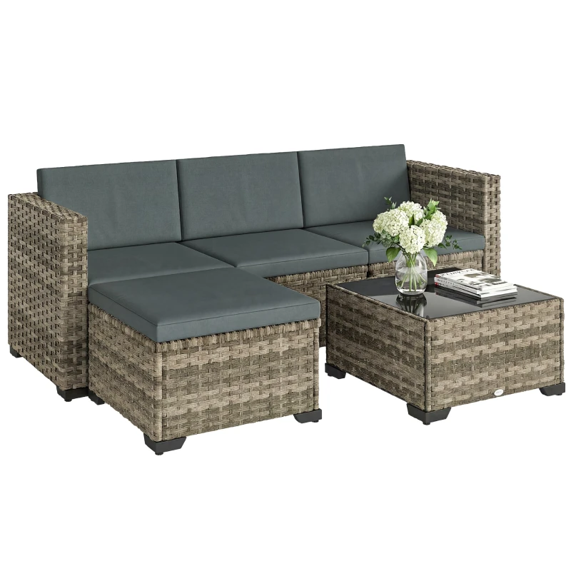 5-Piece PE Rattan Garden Sofa Set with Cushions — Dark Grey