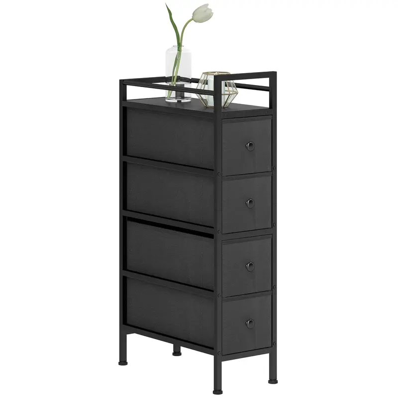 Commode étroite HOMCOM 4 tiroirs en tissu avec cadre acier — Meuble de rangement moderne pour chambre et salon, noir
