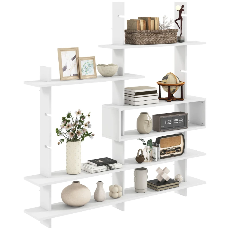 Geometric Wall Shelf — 4 Shelves with Central Rectangular Cubby, Decorative Shelf for Living Room or Bedroom, White