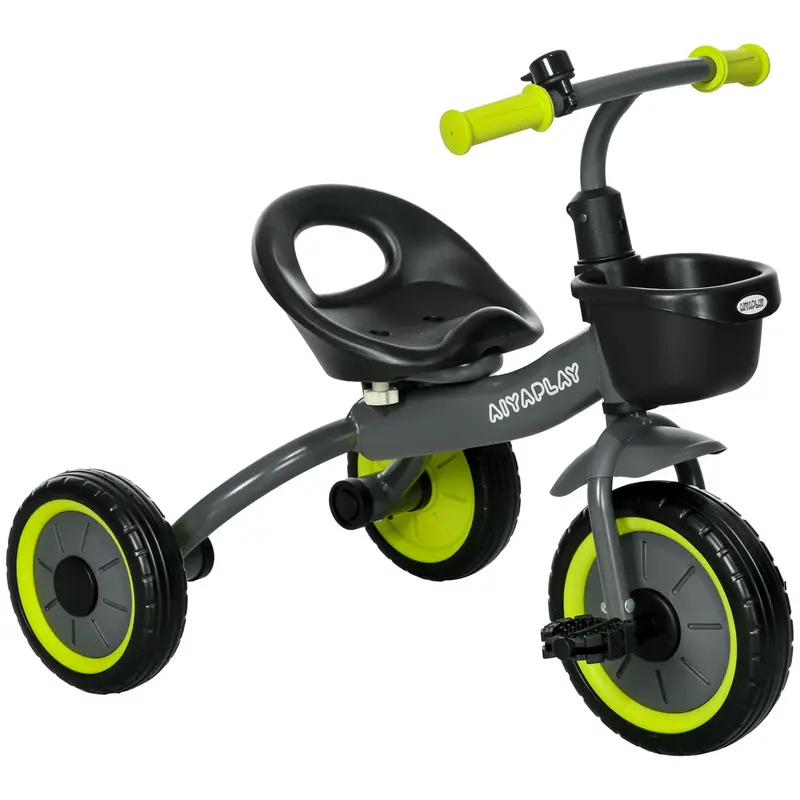 Tricycle AIYAPLAY pour enfants de 2 à 5 ans avec siège réglable, panier, cloche, pédales et 3 roues - Charge de 25 kg - 70.5x53x58 cm - Gris et Vert