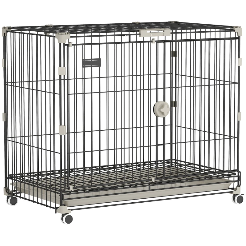 Foldable Dog Crate with Removable Tray, Lockable Top, Wheels with Brakes & Feeding Door — Indoor Kennel for Small to Medium Dogs, 29.7 x 18.1 x 25.4 in (75.5 x 46 x 64.5 cm), Black