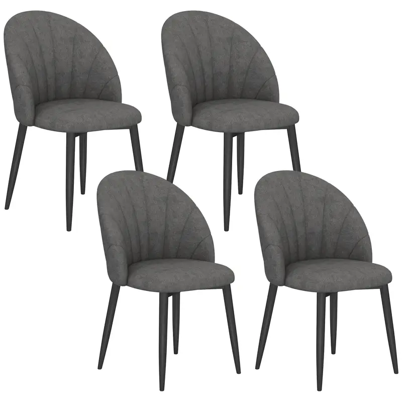 Set of 4 Velvet-Effect Dining Chairs – Padded Ergonomic Shell Back with Steel Legs, Dark Gray