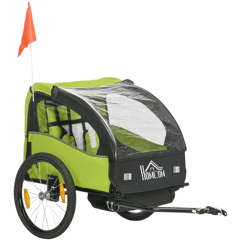 Bike Trailer for Kids +18 Months 2-Seater Stroller with Safety Belt Storage Space and Shock Absorber System 140x88x90 cm Green
