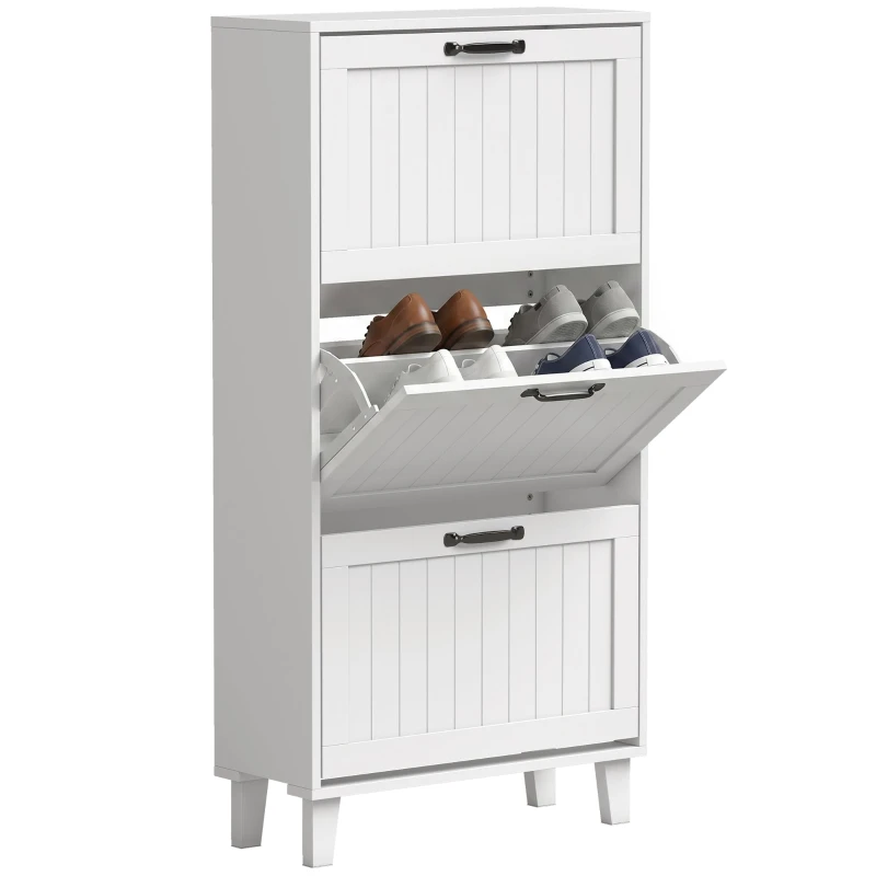 Slim Space-Saving Shoe Cabinet with 3 Tilt-Out Doors, Adjustable Shelves & Bamboo Legs — Holds 15–18 Pairs, 23.6 x 9.4 x 46.5 in, White