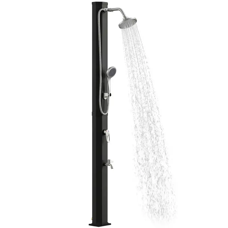 Solar Garden Shower 35L Outdoor Pool Shower with Dual Shower System, Foot Faucet, Auto-Drain Freeze Protection, Hose Connection, Black