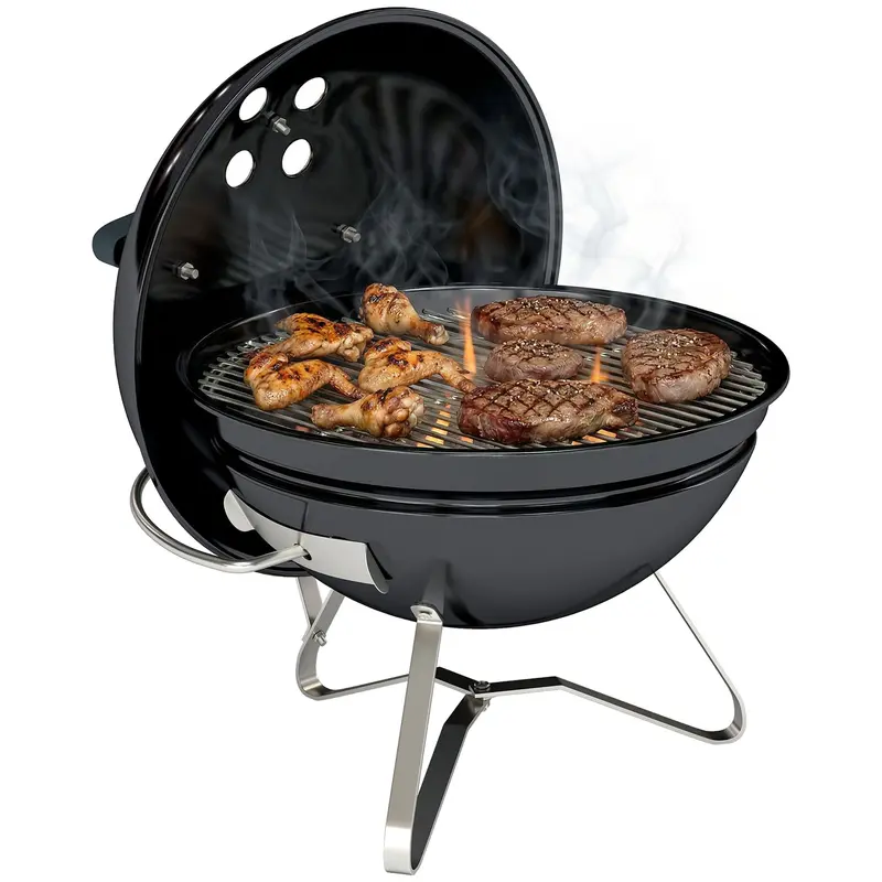 Portable Charcoal Grill, Round Charcoal Barbecue with Lid Stand, Cooking Grate, Adjustable Vents, for Balcony, Picnic, Camping, ?41 x 44 cm, Black