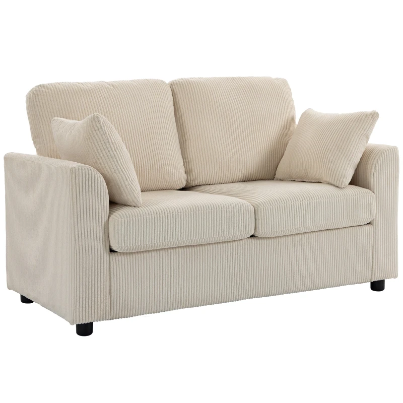2-Seater Corduroy Velvet Sofa, 57" Compact Living Room Couch with Thick Spring-Filled Seat Cushion, 2 Throw Pillows, Modern, Beige