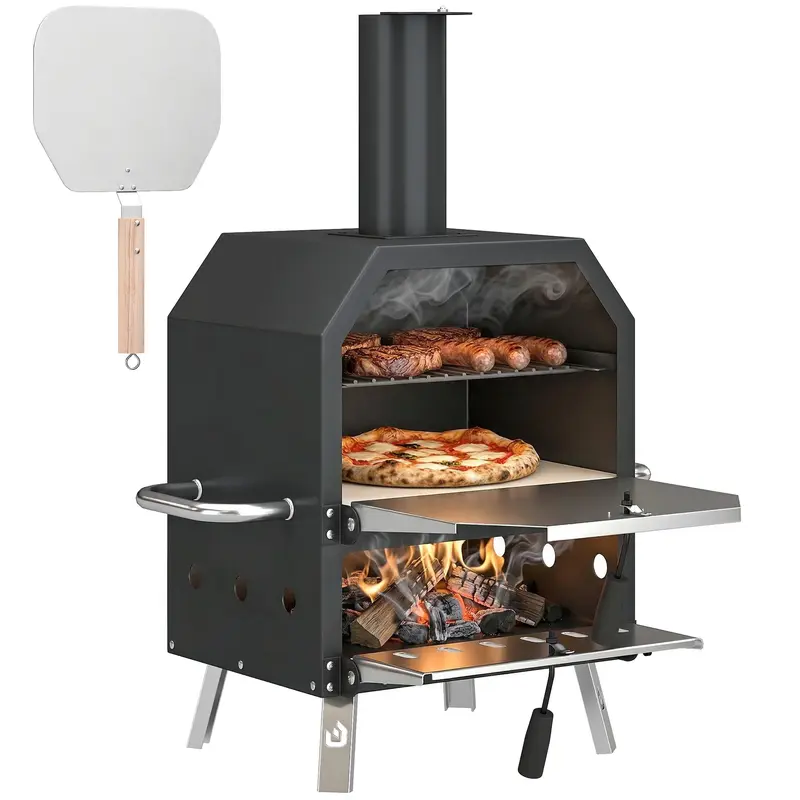 Outdoor Wood-Fired Pizza Oven, Stainless Steel, 2-Tier with 1 cm Thick Pizza Stone, Folding Legs & Pizza Peel – Portable for Camping, Garden, Parties