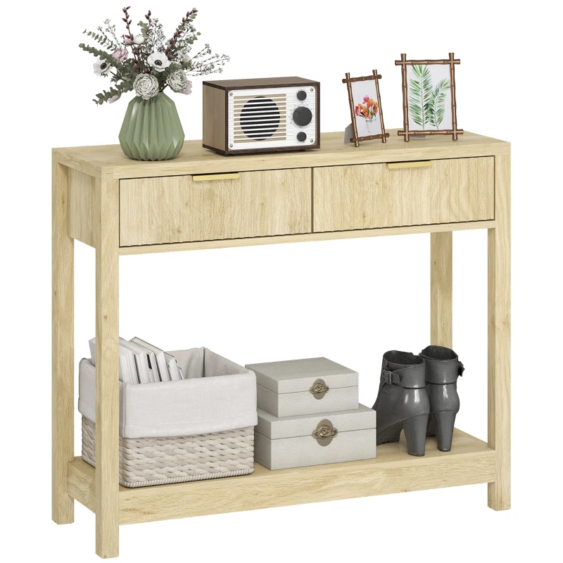 35.4" Console Table, Narrow Console with 2 Grooved Panel Drawers and Shelf, Modern Style, Entryway Table for Hallway & Living Room, Small Spaces, Natural Wood