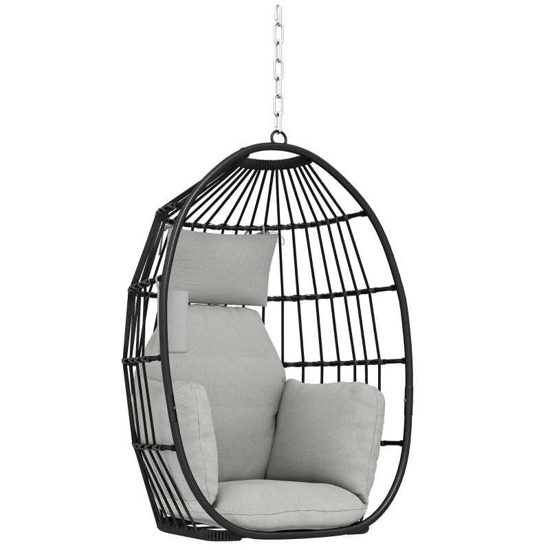 Hanging Chair, Hanging Egg Swing, Hammock Chair - Foldable Basket, Padded Cushions, Cup Holder, Pillow, Indoor/Outdoor, 265 lb Capacity, Dark Gray