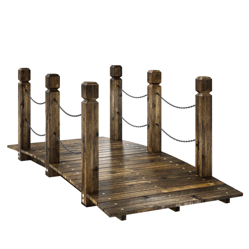 Spruce Wood Garden Bridge, 1.51 m (59.4 in) Rustic Decorative Pond Bridge with Safety Railings, 200 kg (441 lb) Capacity, Sturdy Construction, Charred Finish