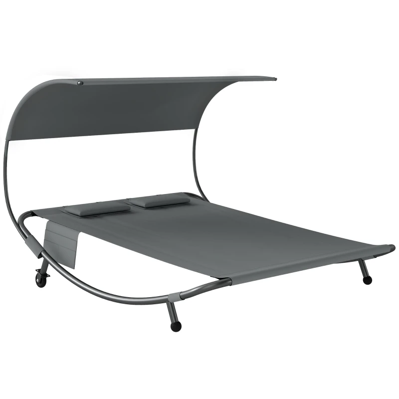 2-Person Double Sun Lounger with Removable Canopy, Texteline Seating, Wheels, 2 Cushions & Side Pockets — Steel Frame, Gray — Max 529 lb