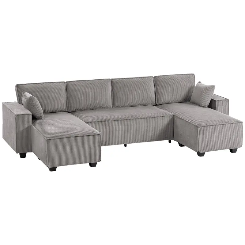 Corner Sectional 311 cm with Double Chaises, U-Shaped Corduroy Sofa with Wide Deep Seats, Pocket Spring Cushions, Wide Armrests, 4-Seater Living Room Sofa, Light Gray