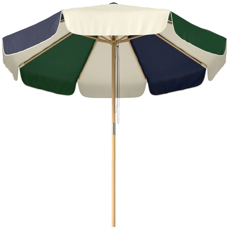 Garden Pulley-Open Market Umbrella, UPF 30+ — 89" (226 cm) Retro Wood-Effect Pole with Valance, Tiltable Patio/Balcony Umbrella, Cream & Dark Green