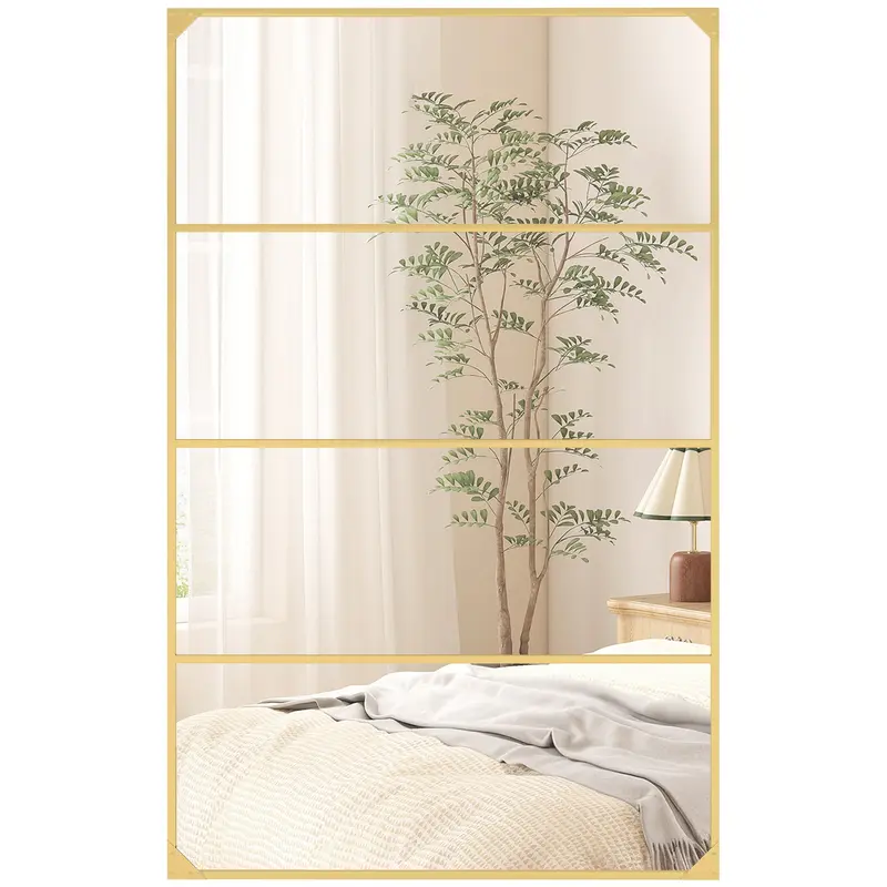 Industrial Windowpane Wall Mirror, Gold Metal Frame, Rectangular, Horizontal or Vertical – 42.9" x 27.2" (109 x 69 cm)