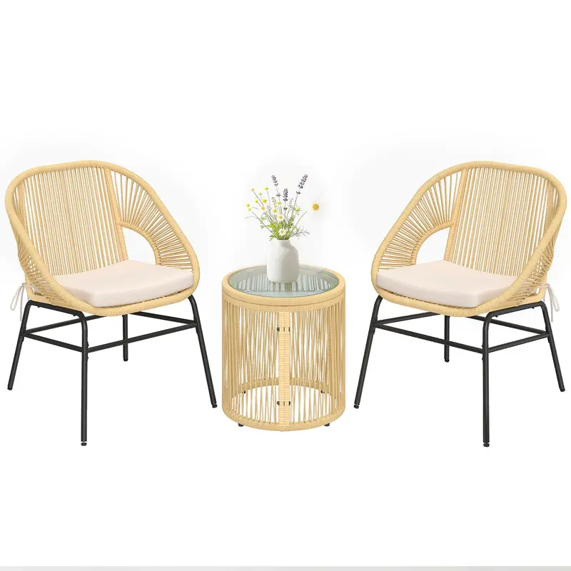 3-Piece Rattan Bistro Set – 2 Cushioned Chairs & Tempered Glass Table, Ergonomic Balcony/Patio Furniture, Beige