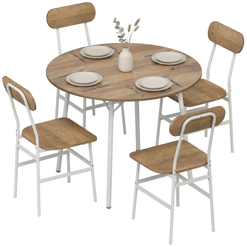 5-Piece Round Dining Set – 39.4" Table with 4 Armless Chairs, Metal Frame, Industrial Style, Natural Wood