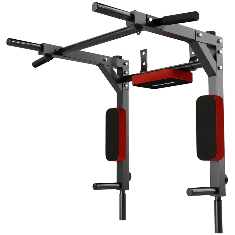 SPORTNOW 2-in-1 Wall-Mounted Pull-Up & Dip Station, Steel Strength, Non-Slip Handles, Back & Elbow Pads, 200 kg (440 lb) Capacity, Red