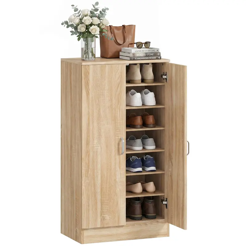 2-Door Shoe Cabinet with 6 Adjustable Shelves, Soft-Close Doors, Stores up to 14 Pairs, Natural Wood Finish (55 x 35 x 108 cm)
