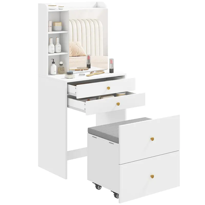 Coiffeuse HOMCOM avec miroir et tabouret roulant de rangement, armoire, tiroirs et étagères ouvertes, tabouret rembourré effet lin, gain de place, moderne, blanche