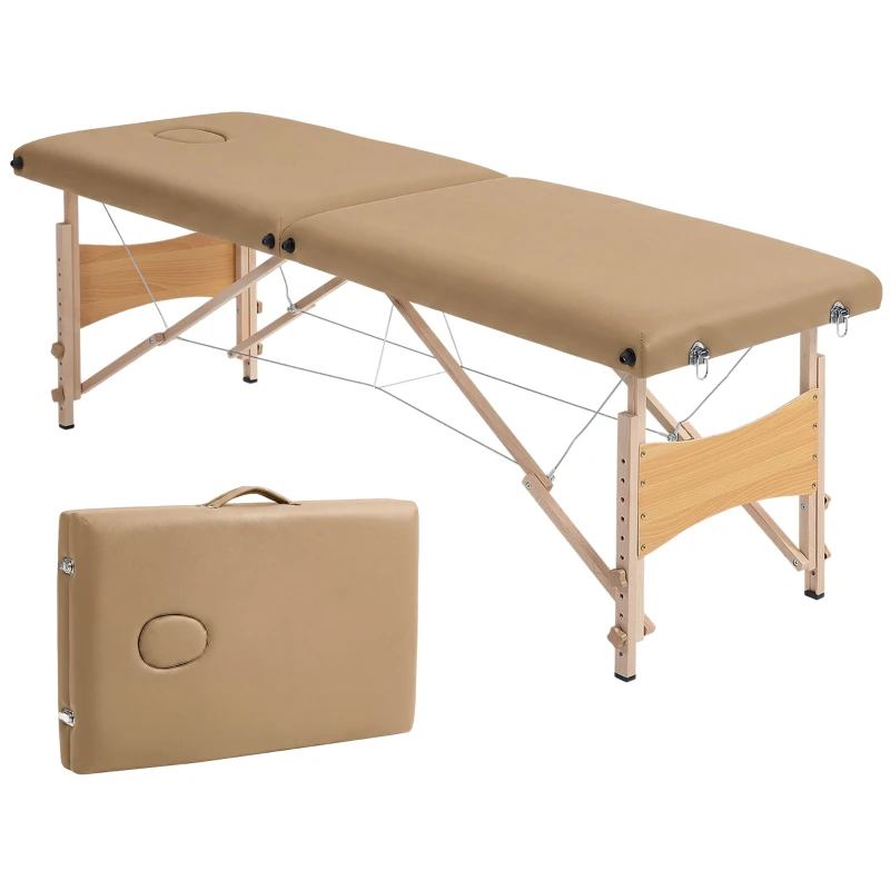 Folding Massage Table with Headrest, Beech Wood Frame, Adjustable Height & Carry Bag – 73.2 x 23.6 x 24–34.3 in, Light Brown