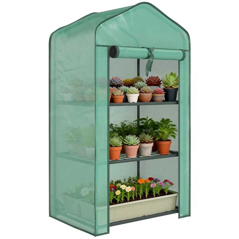 3-Tier Balcony Garden Greenhouse with PE Cover & Steel Frame, Roll-Up Zip Door, 23.2 x 15.4 x 50 in (59 x 39 x 127 cm), Green
