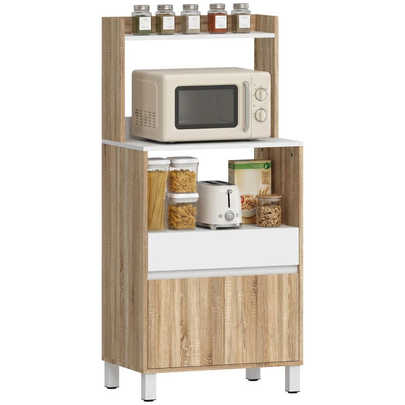 Microwave Cabinet, Kitchen Sideboard with Drawer, 2 Soft-Close Doors, Worktop and Open Shelves, Storage Cabinet for Dining Room or Living Room, 23.6 x 15.7 x 51.6 in (60 x 40 x 131 cm), Oak and White