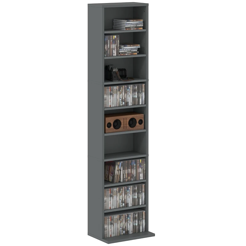 CD & DVD Storage Unit, Multimedia Organizer — Holds up to 260 CDs / 120 DVDs, 9 Compartments & 6 Adjustable Shelves, for Living Room/Bedroom/Office, 13 x 9.5 x 55.1 in (33 x 24 x 140 cm), Gray