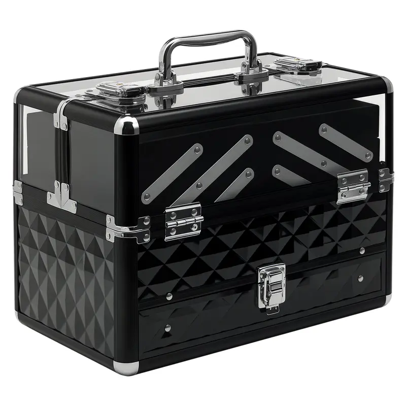 Makeup and Jewelry Case Cosmetic Organizer Portable Multilevel with Handle and Foldable Trays Aluminum Alloy 30x18.5x22 cm Transparent and Black