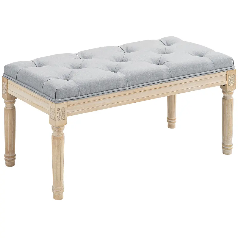 Upholstered Bed-End Bench, Linen-Look Padded Stool with Rubberwood Legs, Tufted Vintage Style Bench for Bedroom, Entryway, Hallway, Light Gray