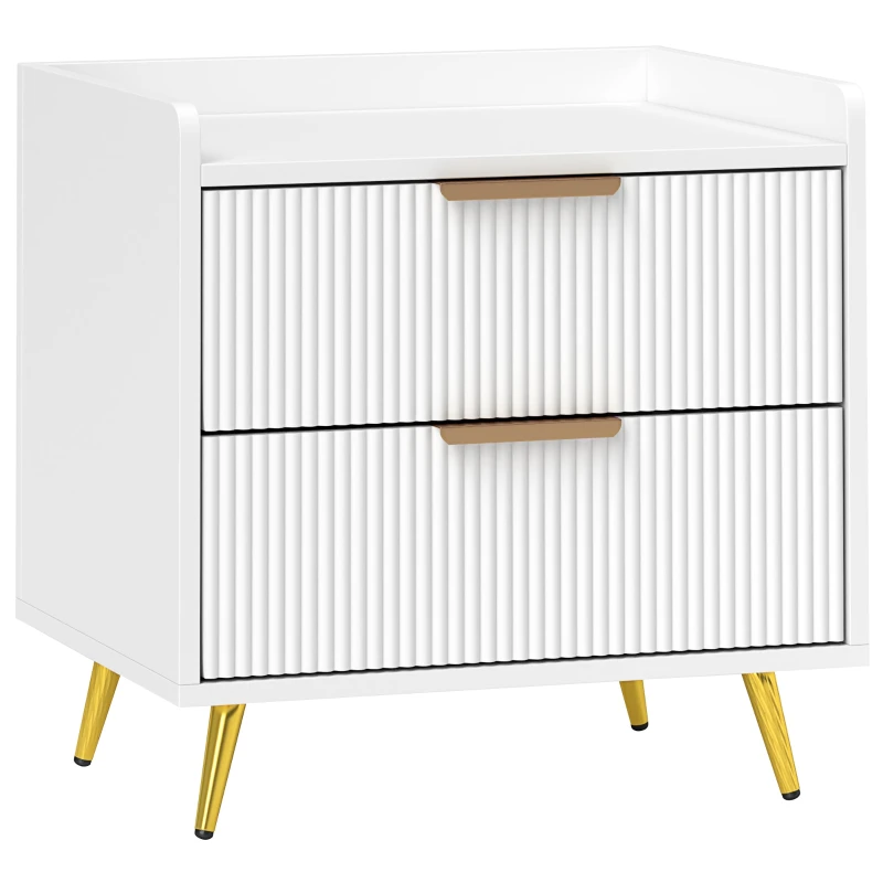 Nightstand — 2 Grooved Drawers, Gold Metal Legs, Bedside Table for Bedroom & Living Room, 50 x 40 x 50 cm (19.7 x 15.7 x 19.7 in), White
