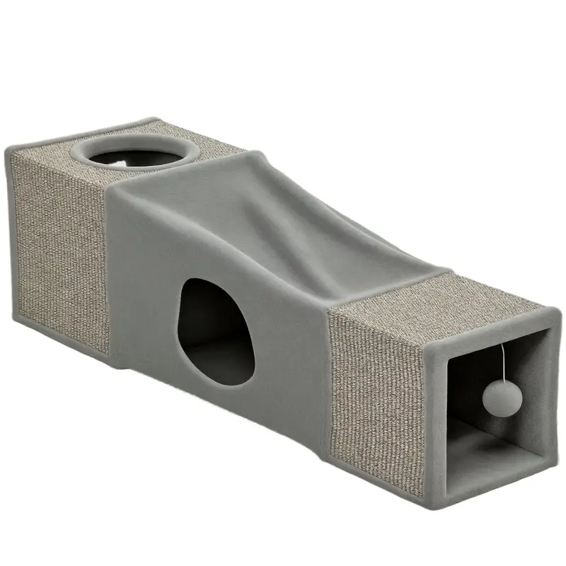 Tunnel pour Chat PawHut, Jouet avec Balle, Nid pour Chat, Tunnel de Jeu en Sisal Pliable, Design Combiné, Marron+Gris, 98 x 30 x 30 cm