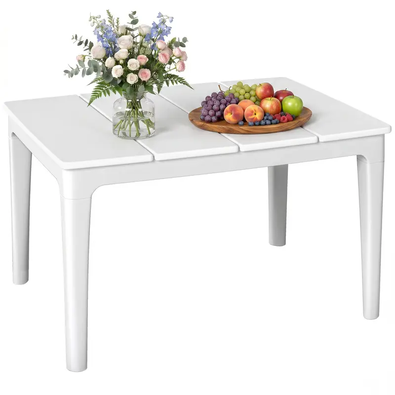 Outdoor Coffee Table with Cylindrical Legs, Rectangular PP Plastic Garden Side Table, Modern Style — for Garden, Balcony, Terrace — 53 x 70 x 39 cm (20.9 x 27.6 x 15.4 in), Cream