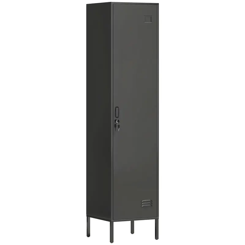 Steel Locker with Lock, Hanging Rail, Label Holder & Ventilated Door, 15.7 x 15.7 x 70.5 in, Black