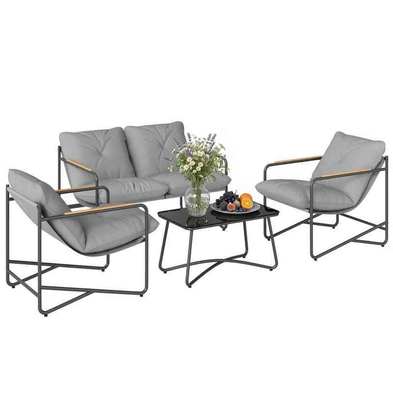4-Piece Outdoor Patio Set – 2-Seat Metal Loveseat, 2 Armchairs & Tempered Glass Coffee Table, 13 cm (5") Cushions, Light Gray