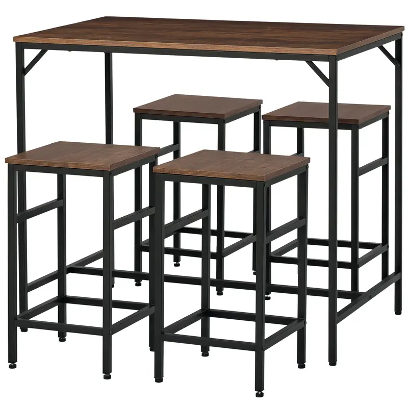 5-Piece Bar Table Set Bar Table with Bar Stools Dining Table with 4 Chairs Kitchen Table for Dining Room, Kitchen, Rustic Brown+Black