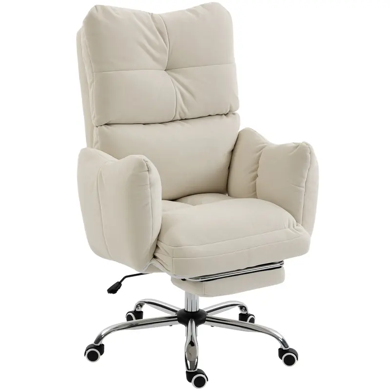 Ergonomic Office Chair with Footrest — Snow-White Flannel, Thick Padding, High Back, Height Adjustable, Cream White