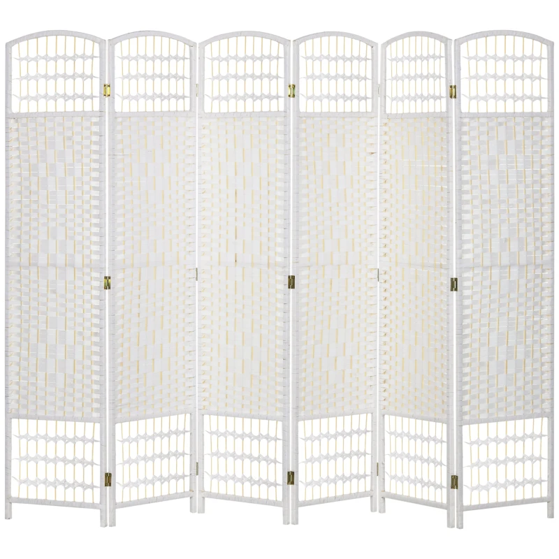 6-Panel Folding Room Divider, 240 x 170 cm (94.5 x 66.9 in) Paper Rope Weave with Pine & Bamboo Frame, White