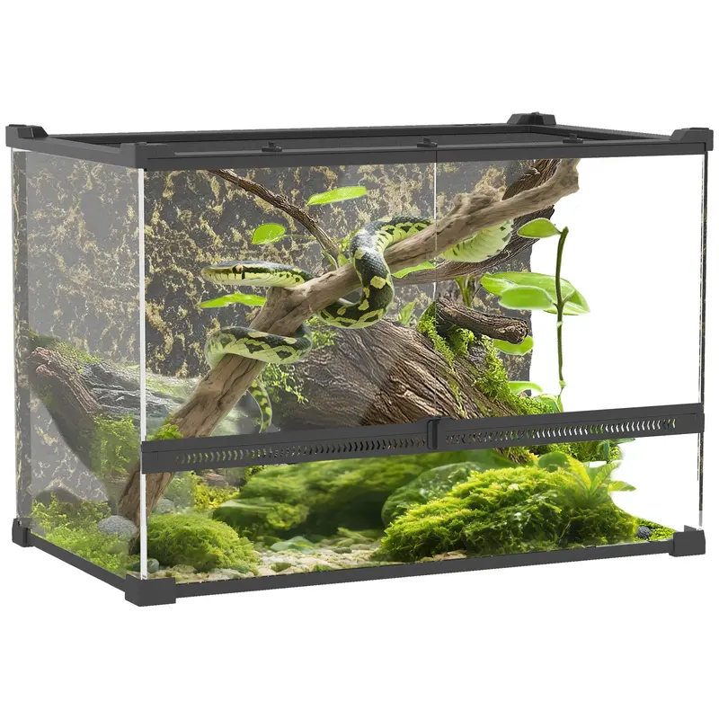 Glass Terrarium for Reptiles — 48 L Enclosure with Front Ventilation, Rock Backdrop, Escape-Proof Knob Lock, Black (50 × 30 × 35 cm / 19.7 × 11.8 × 13.8 in)