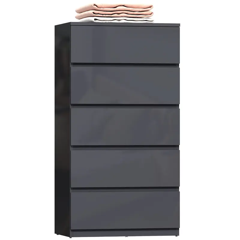 5-Drawer High-Gloss Dresser with Soft-Close Drawers, Handleless Modern Chest for Bedroom, Living Room or Hallway — 20.9 × 13.4 × 39.4 in (Gray)