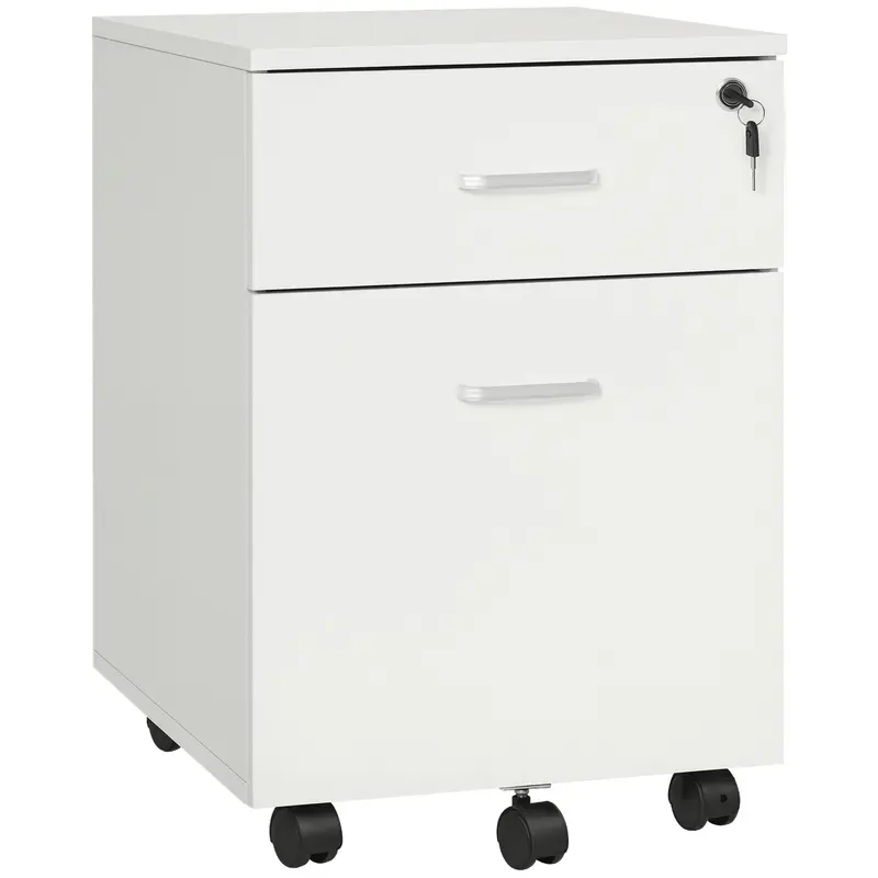 Office Drawer with Wheels Filing Cabinet Desk Drawer with 2 A4 Size Document Drawers Lock and Keys 40x49x58 cm White