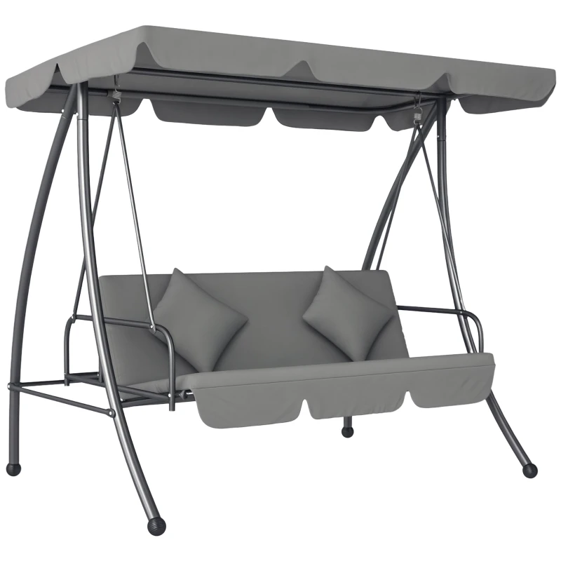 3-Seat Convertible Garden Swing with Adjustable Canopy and Mattress Included, Metal & Polyester, Black/Light Gray