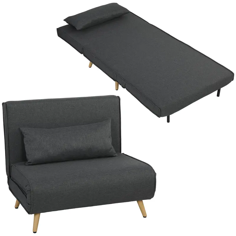 3-in-1 Sleeper Chair with Fold-Out Bed, Converts to 190 x 63 cm Single Bed, Adjustable Recline, Metal Legs, Lumbar Pillow, Linen-Look Grey