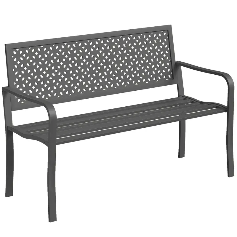 2-Seater Metal Garden Bench — Weatherproof Outdoor Bench with Rust-Resistant Louvered Steel Backrest, Geometric Design, Fits up to 529 lb, 50" x 24" x 33.5", Dark Gray