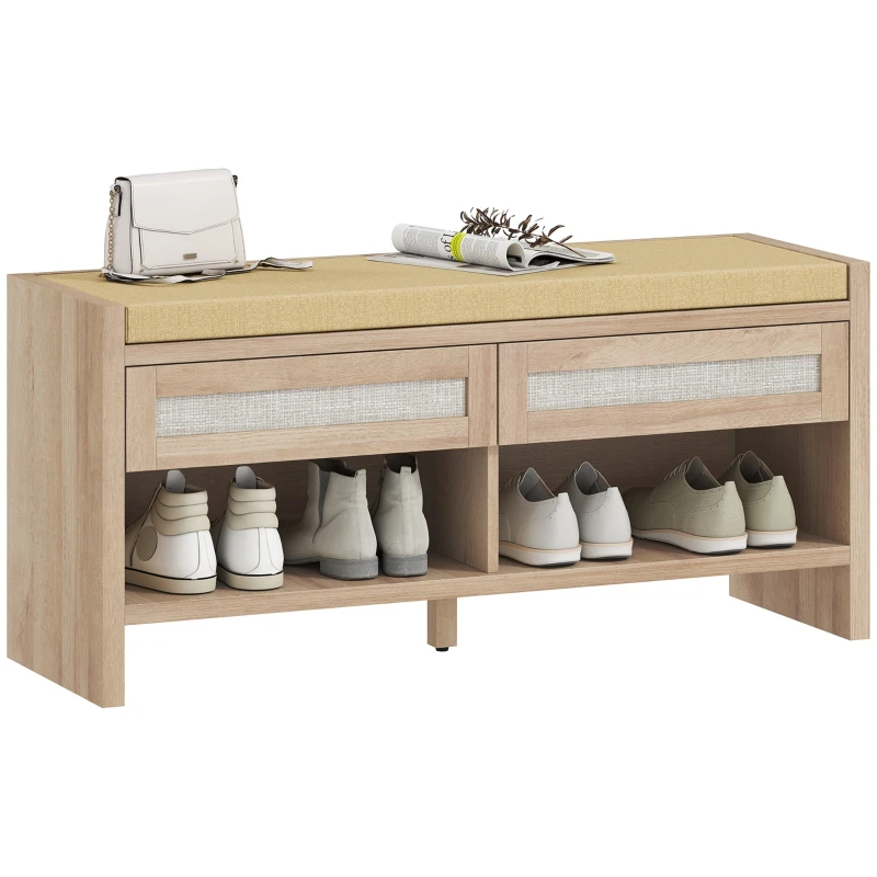 Shoe Bench for Entryway, Storage Bench with Padded Linen Seat, 2 Rattan Drawers & Open Shelf, Boho Style, 42.5 x 13.8 x 19.7 in (108 x 35 x 50 cm), Oak & Light Brown