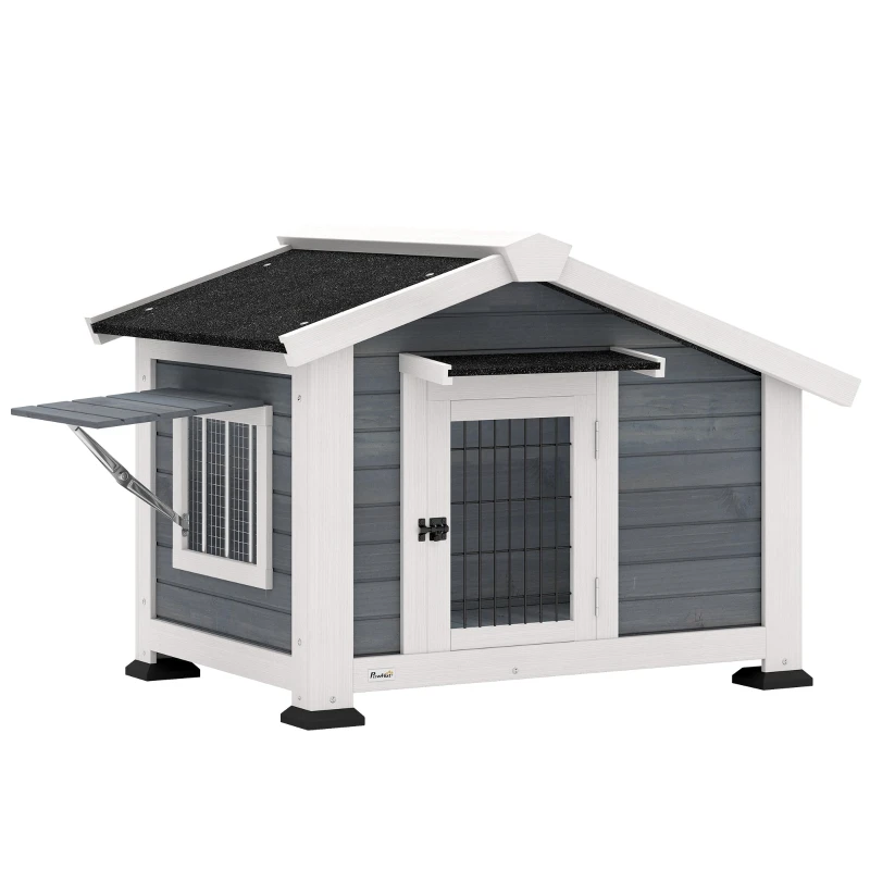 Outdoor Wooden Dog House for Medium Dogs with Asphalt Roof, Removable Floor, Hinged Window & Mesh Door, Raised Base, 38.6 x 29.9 x 27.4 in, Gray