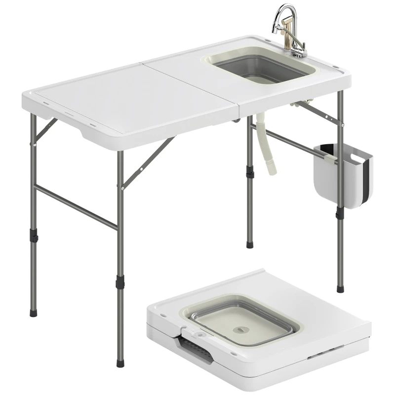 Portable Fish Cleaning Table — Foldable Camping Workstation with Adjustable Height, Faucet, Foldable Sink, Side Basket, Carry Bag, Built-in Ruler & Knife Slots